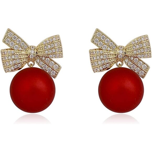Christmas Earrings Pearl Bow Earrings Pearl Drop Earrings for Women Rhinestone - Picture 8 of 8